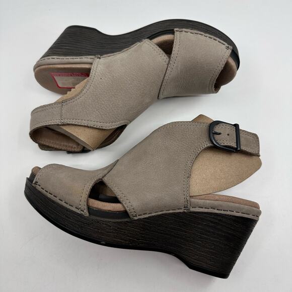 Dansko Vanda Platform Wedge Taupe Nubuck Leather Peep Toe WMNS 6 Slingback Beige - Picture 5 of 9